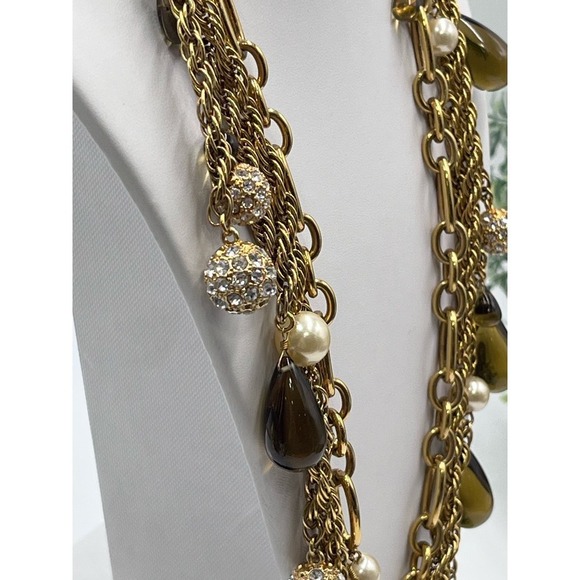 J. Crew Gold Tone Triple Strand Topaz Teardrop Glass White‎ Faux Pearl Necklace - Picture 8 of 12